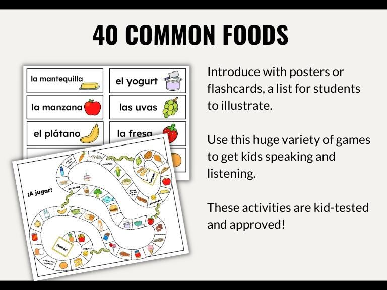 Food in Spanish Vocabulary Game Set - Bingo, Go Fish, Crossword Puzzle, and More