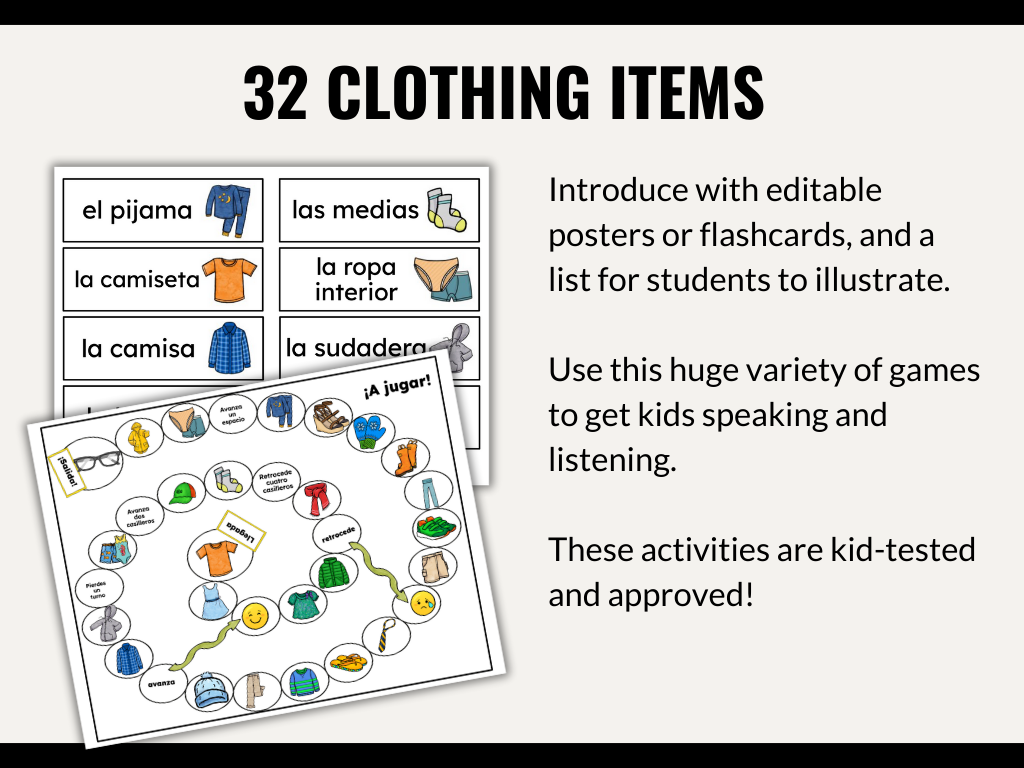 Clothing in Spanish Vocabulary Games (Card Games, Flashcards, Crossword, and Word Search)