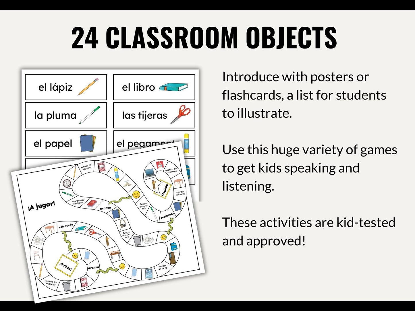 Classroom Objects Vocabulary Games in Spanish