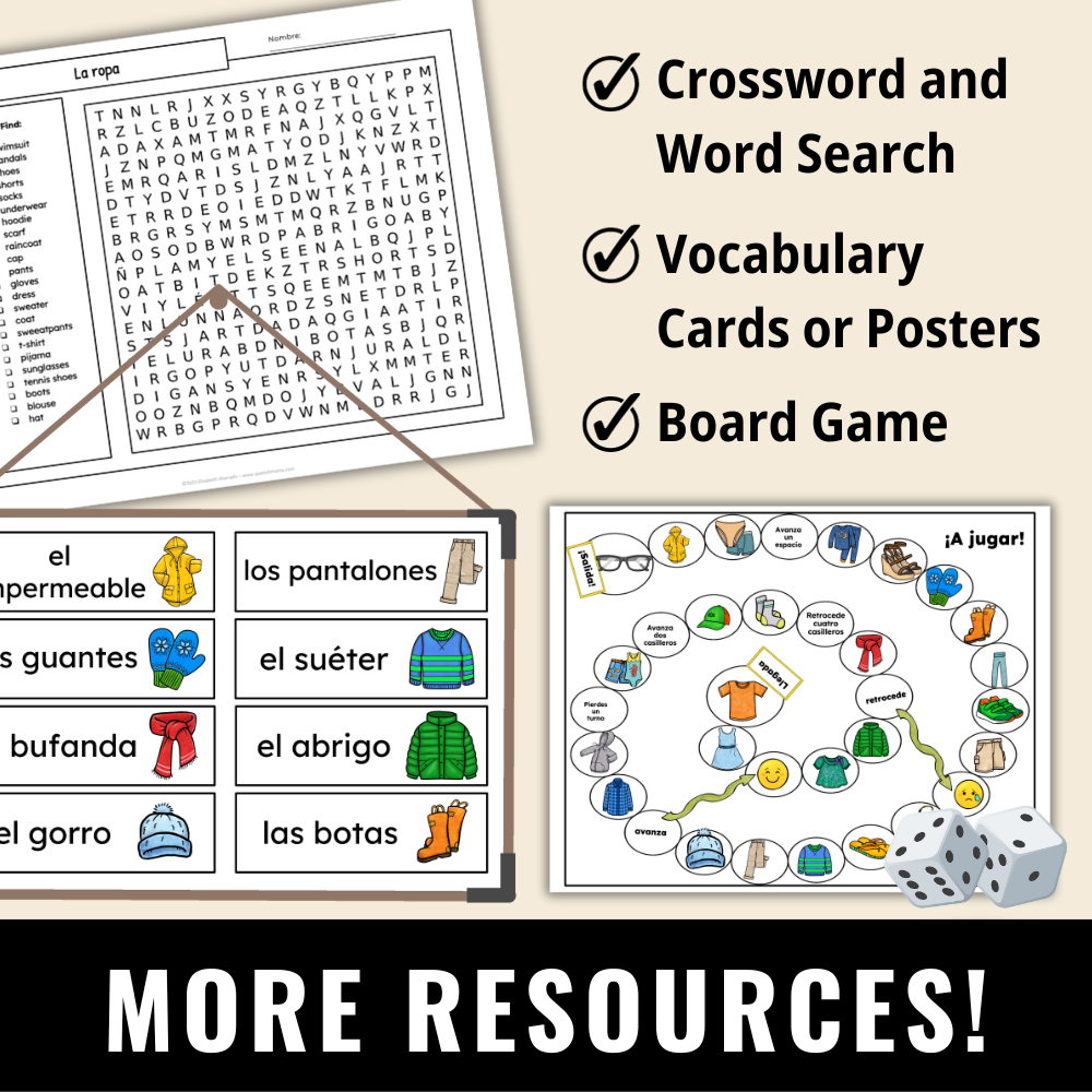 Clothing in Spanish Vocabulary Games (Card Games, Flashcards, Crossword, and Word Search)