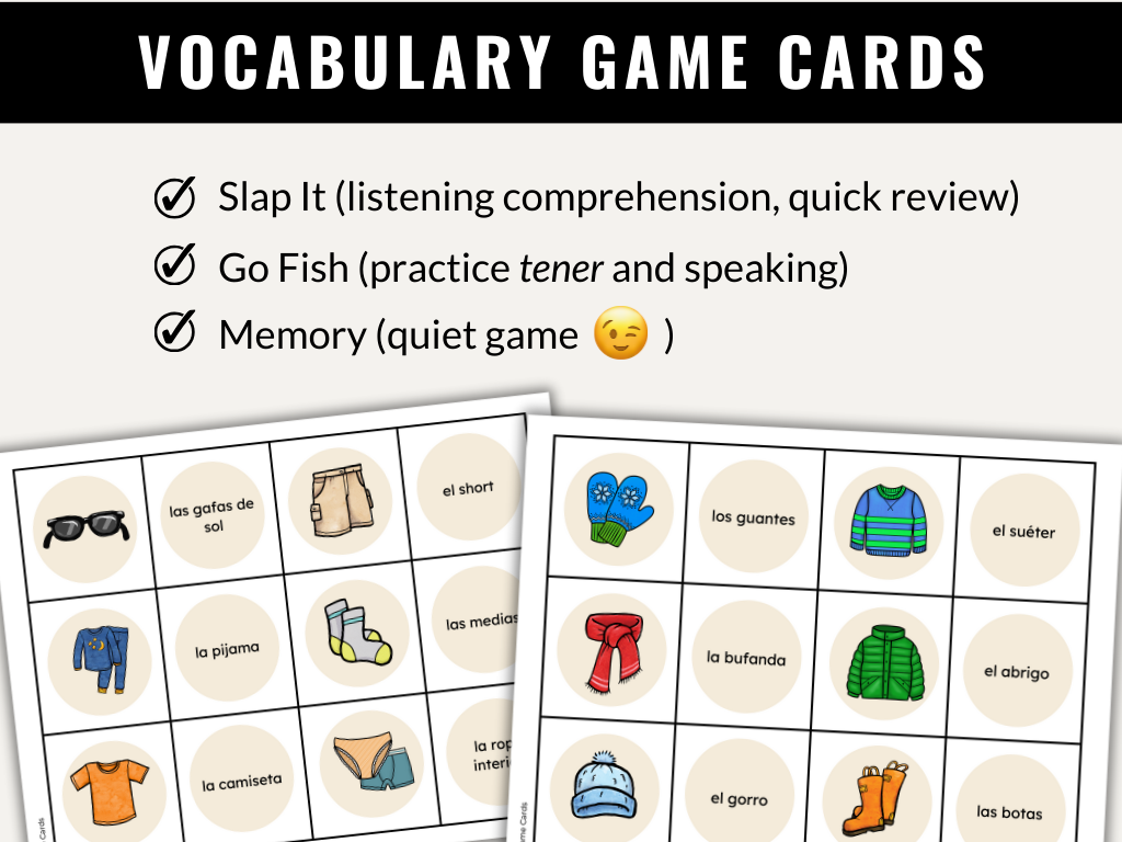 Clothing in Spanish Vocabulary Games (Card Games, Flashcards, Crossword, and Word Search)