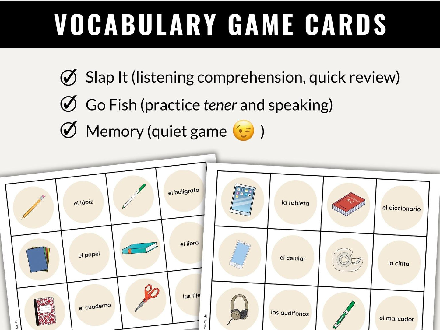 Classroom Objects Vocabulary Games in Spanish