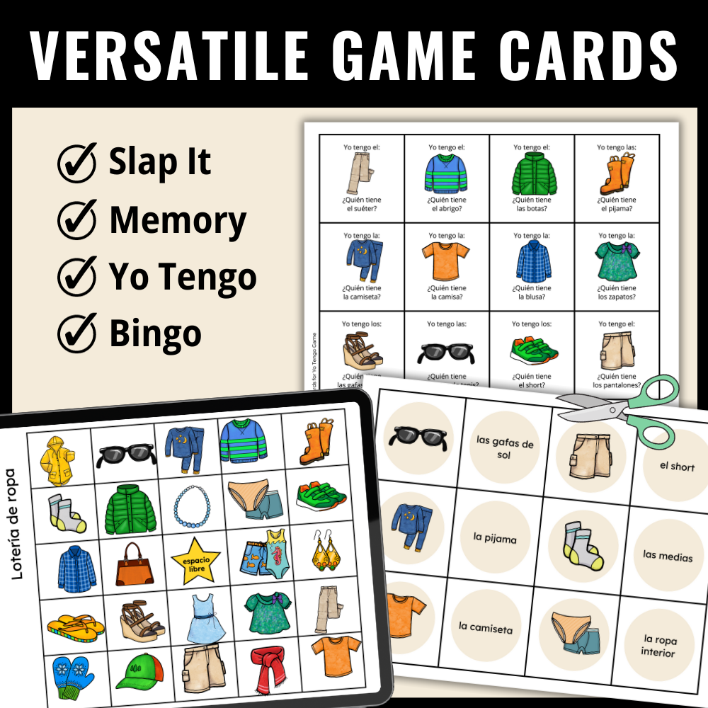 Clothing in Spanish Vocabulary Games (Card Games, Flashcards, Crossword, and Word Search)