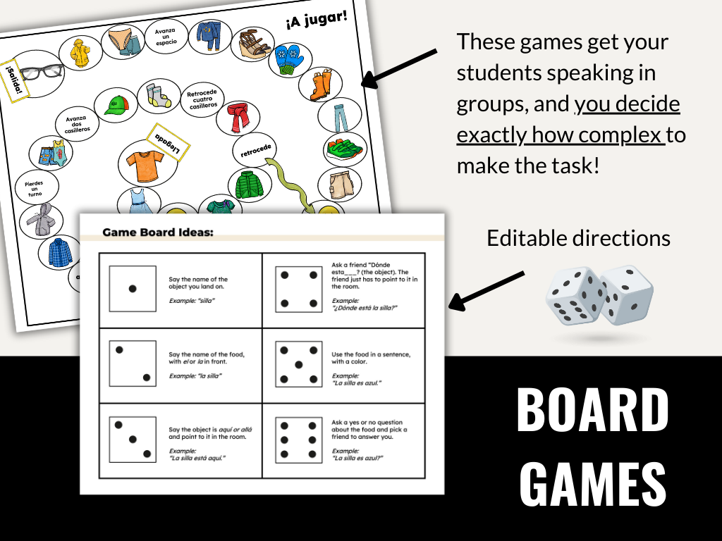 Clothing in Spanish Vocabulary Games (Card Games, Flashcards, Crossword, and Word Search)