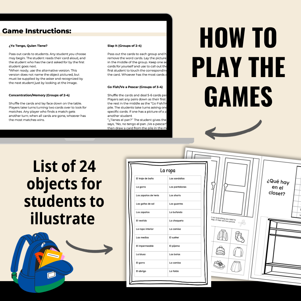 Clothing in Spanish Vocabulary Games (Card Games, Flashcards, Crossword, and Word Search)