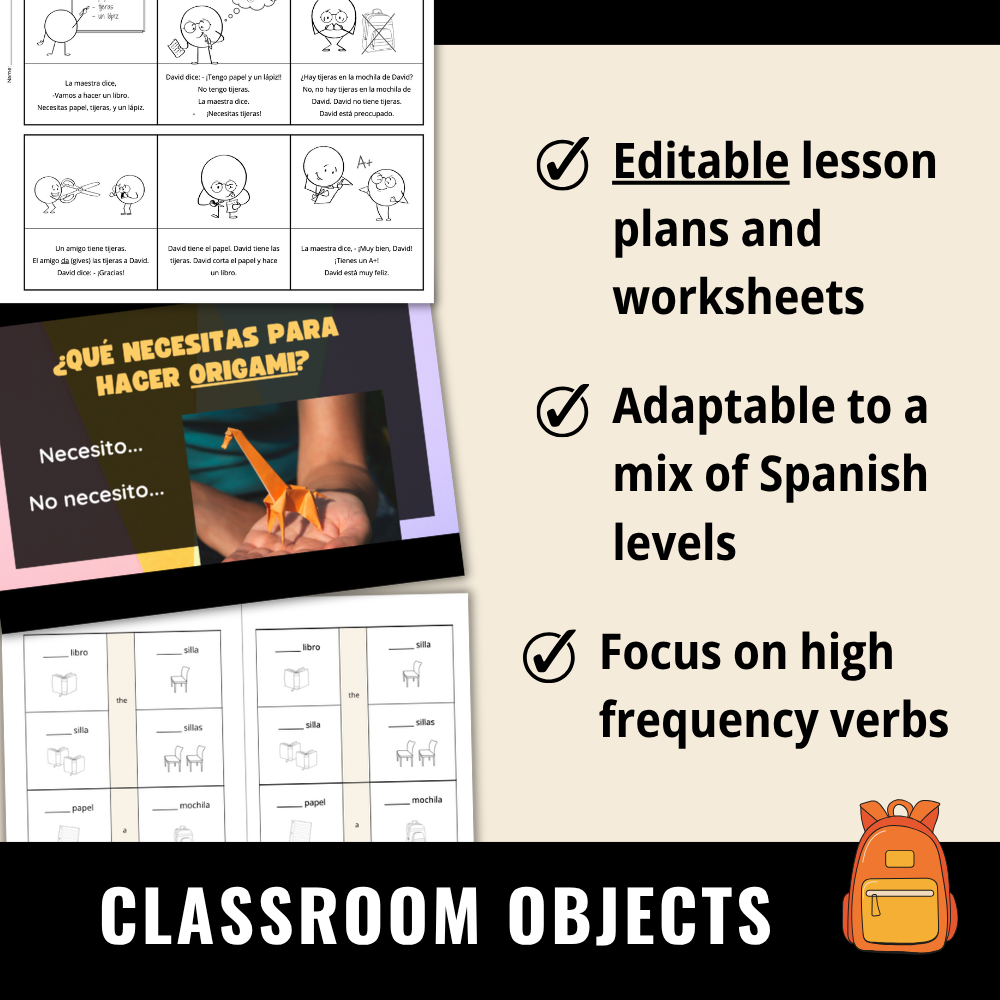 Spanish Elementary Unit - Classroom Objects and Verbs Tener / Necesitar