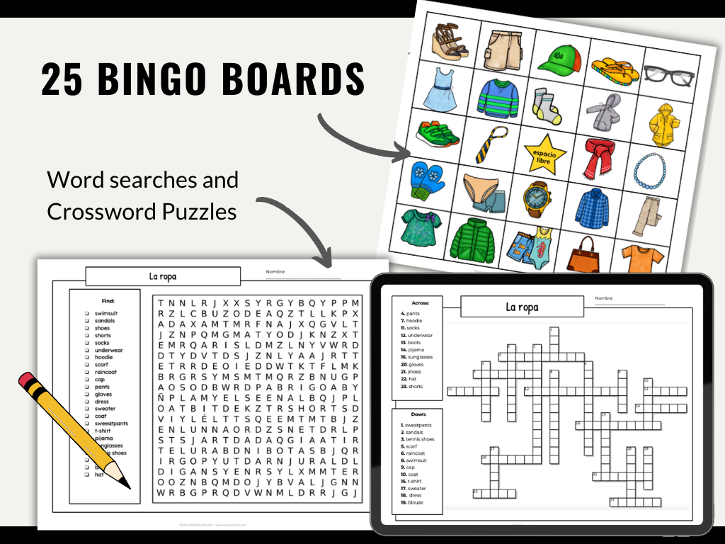 Clothing in Spanish Vocabulary Games (Card Games, Flashcards, Crossword, and Word Search)
