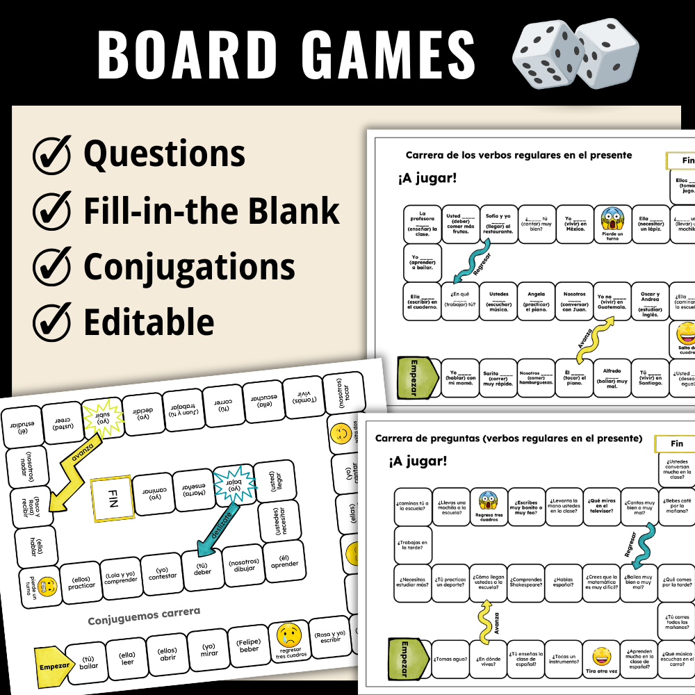 8 No-Prep, Editable Games for Regular Verbs in Spanish (Present Tense)