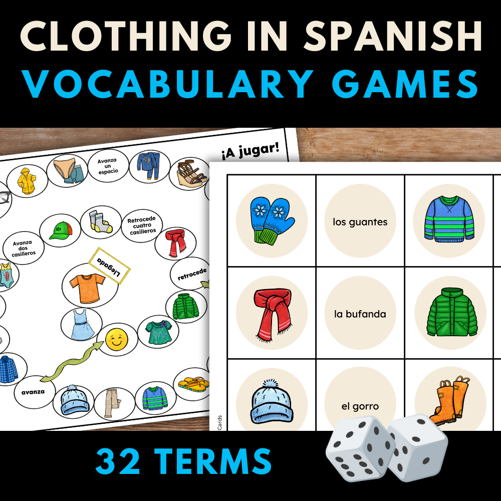 Clothing in Spanish Vocabulary Games (Card Games, Flashcards, Crossword, and Word Search)