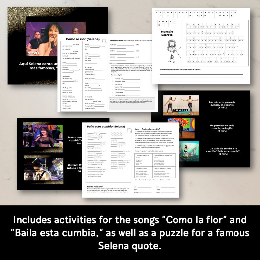 Selena Quintanilla Reading Passages and Activities in Spanish