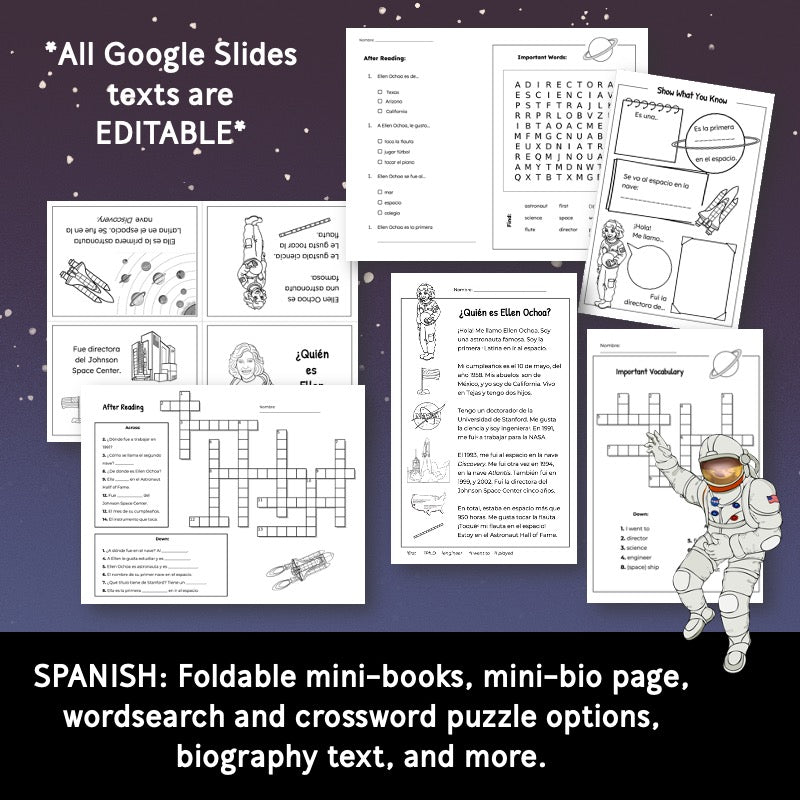 Ellen Ochoa Mini-Book, Reading Texts, & Activities in Spanish and English (Elementary)