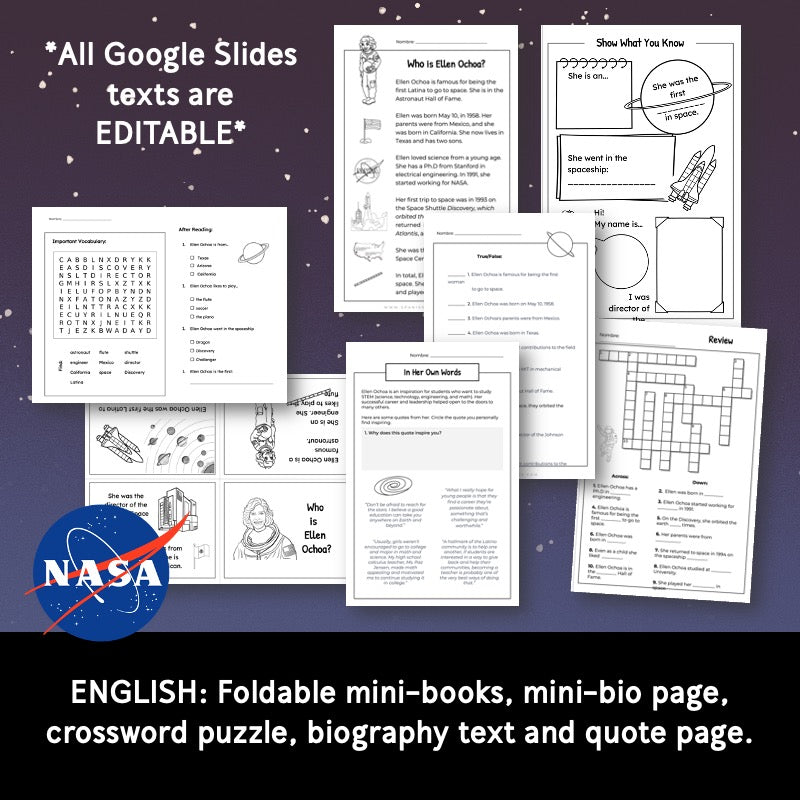 Ellen Ochoa Mini-Book, Reading Texts, & Activities in Spanish and English (Elementary)