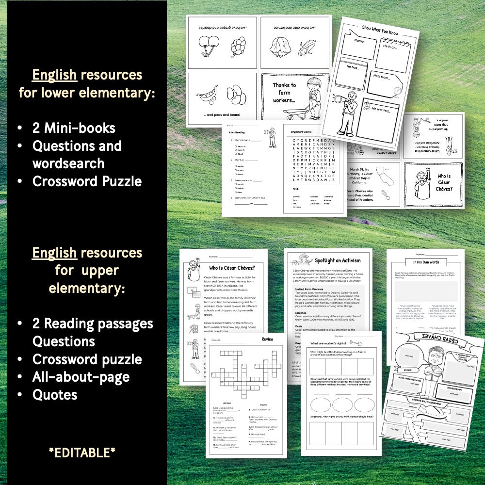 César Chávez Mini-Book, Reading Texts, & Activities in Spanish and English