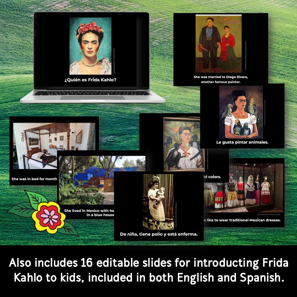 Frida Kahlo Mini-Book, Reading Text, Slides, & Activities in Spanish/English