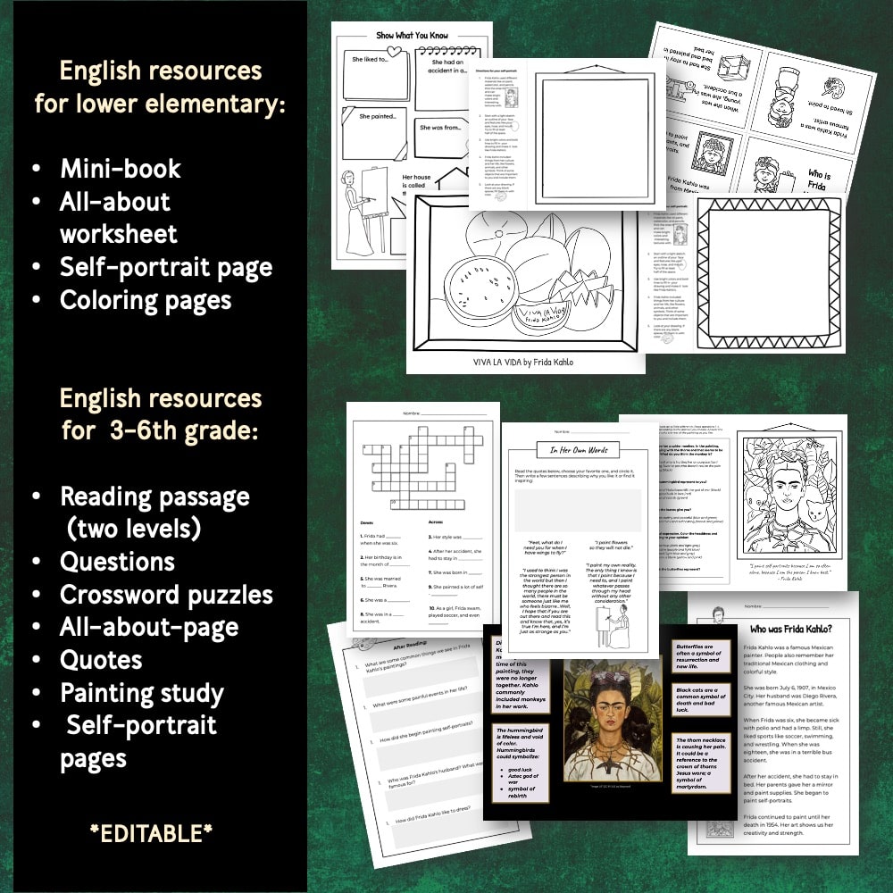 Frida Kahlo Mini-Book, Reading Text, Slides, & Activities in Spanish/English