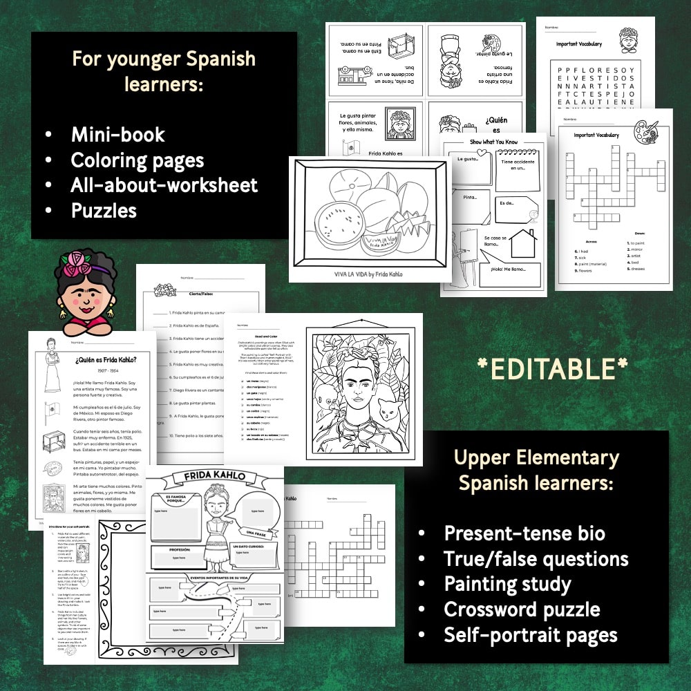 Frida Kahlo Mini-Book, Reading Text, Slides, & Activities in Spanish/English