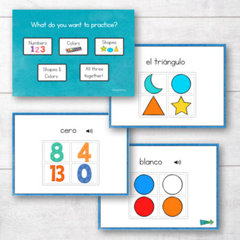 Numbers, Colors and Shapes in Spanish Boom Cards