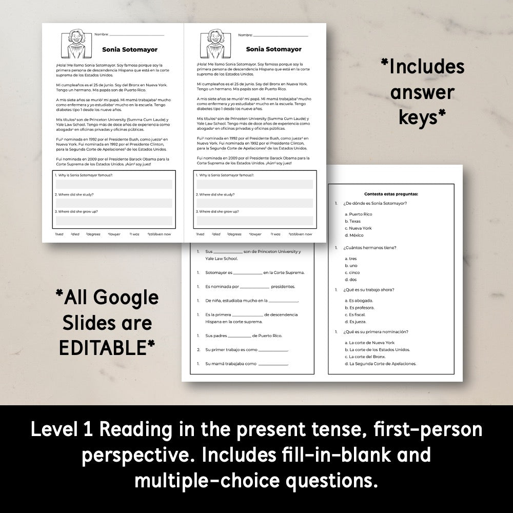 Sonia Sotomayor Reading Passages and Activities in Spanish