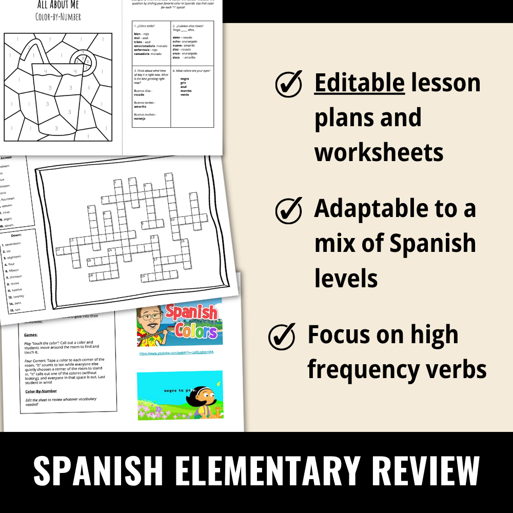 Elementary Spanish Review Activities (Greetings, Numbers, Colors, Days, Weather)