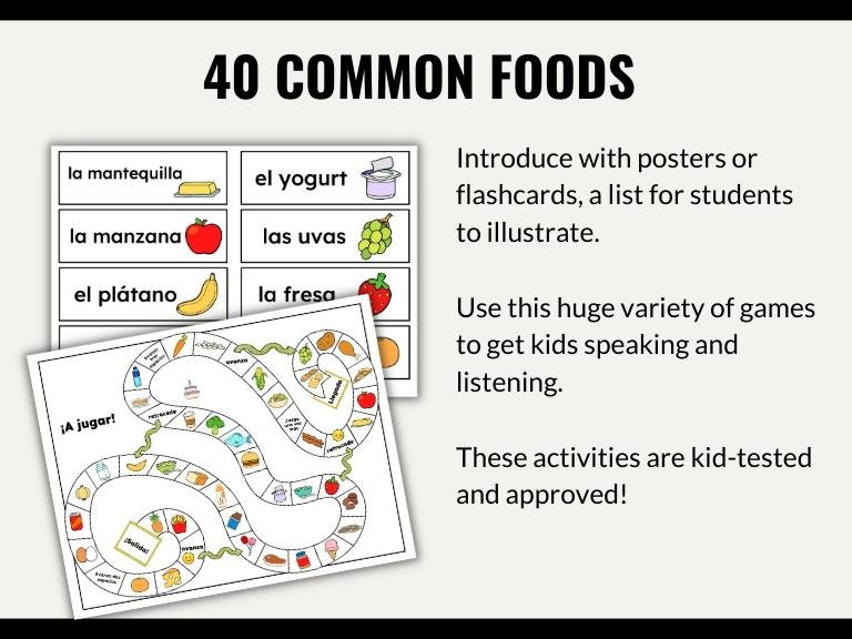 Food in Spanish Vocabulary Game Set - Bingo, Go Fish, Crossword Puzzle, and More