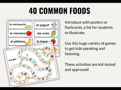 Food in Spanish Vocabulary Game Set - Bingo, Go Fish, Crossword Puzzle, and More