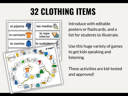 Clothing in Spanish Vocabulary Games (Card Games, Flashcards, Crossword, and Word Search)