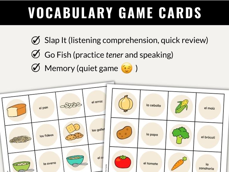 Food in Spanish Vocabulary Game Set - Bingo, Go Fish, Crossword Puzzle, and More