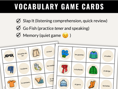Clothing in Spanish Vocabulary Games (Card Games, Flashcards, Crossword, and Word Search)