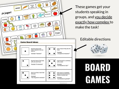 Food in Spanish Vocabulary Game Set - Bingo, Go Fish, Crossword Puzzle, and More