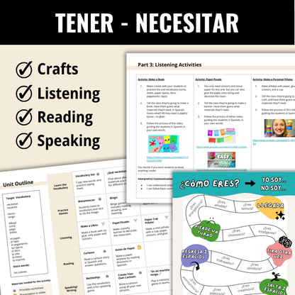 Spanish Elementary Unit - Classroom Objects and Verbs Tener / Necesitar