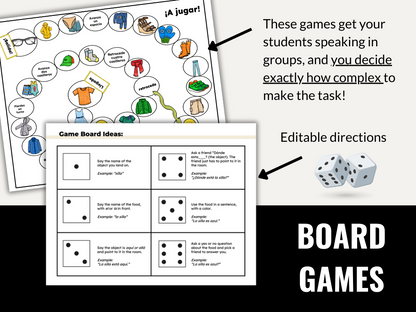 Clothing in Spanish Vocabulary Games (Card Games, Flashcards, Crossword, and Word Search)
