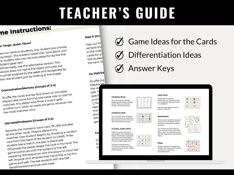 Food in Spanish Vocabulary Game Set - Bingo, Go Fish, Crossword Puzzle, and More