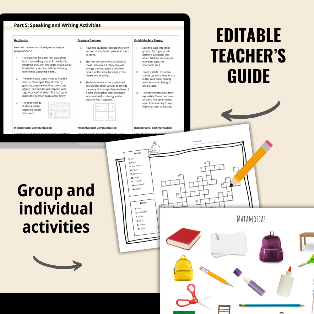 Spanish Elementary Unit - Classroom Objects and Verbs Tener / Necesitar