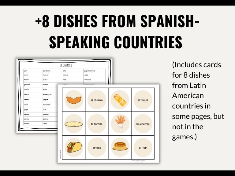 Food in Spanish Vocabulary Game Set - Bingo, Go Fish, Crossword Puzzle, and More