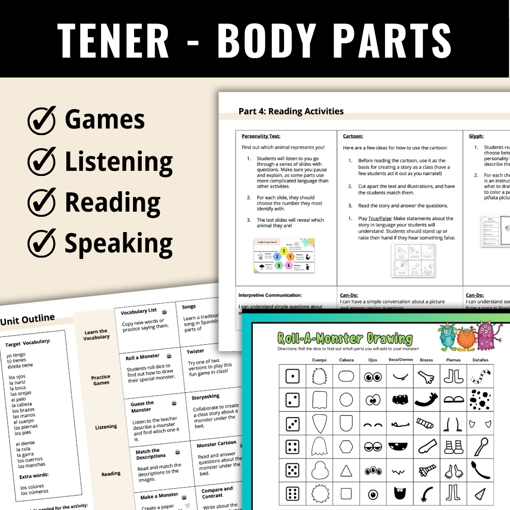 Monsters Elementary Spanish Unit - Tener and Body Parts
