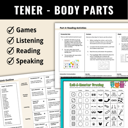 Monsters Elementary Spanish Unit - Tener and Body Parts