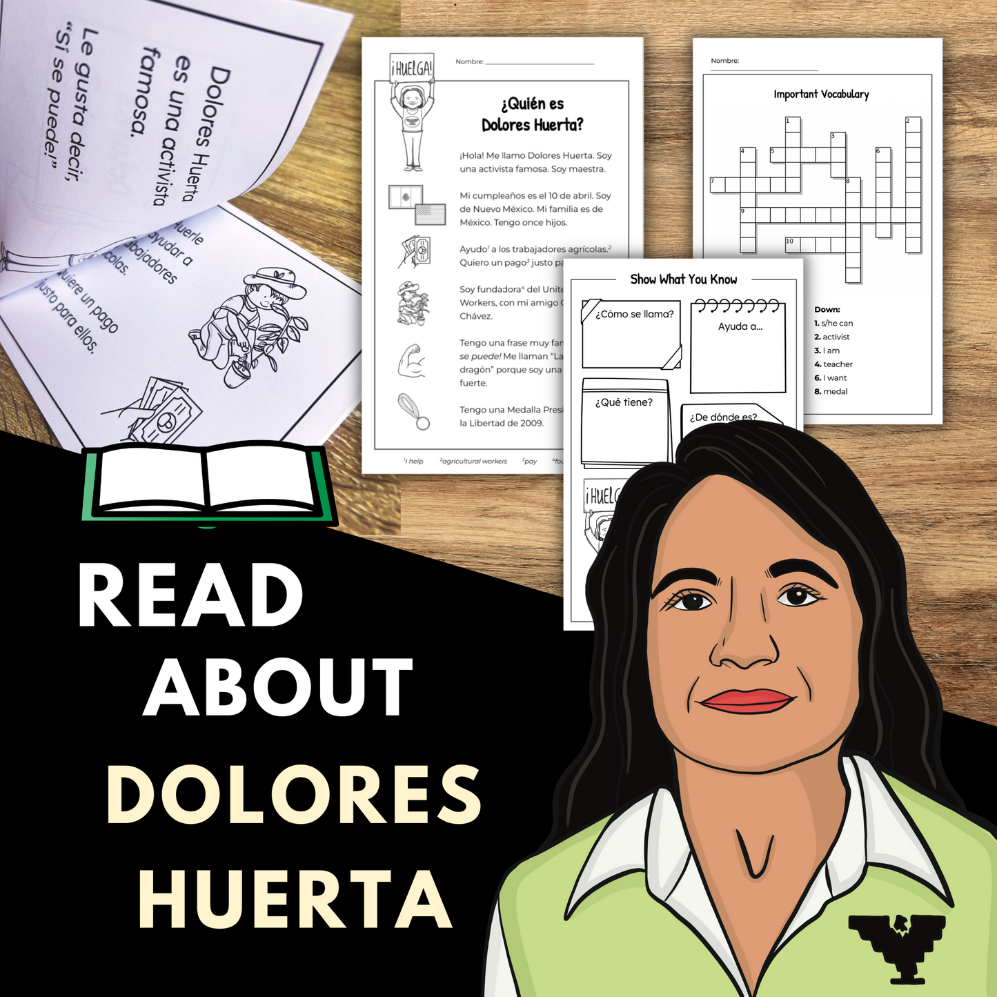 Dolores Huerta Mini-Book, Text, and Activities in Spanish and English