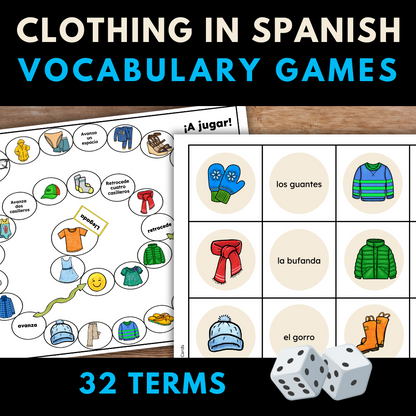 Clothing in Spanish Vocabulary Games (Card Games, Flashcards, Crossword, and Word Search)