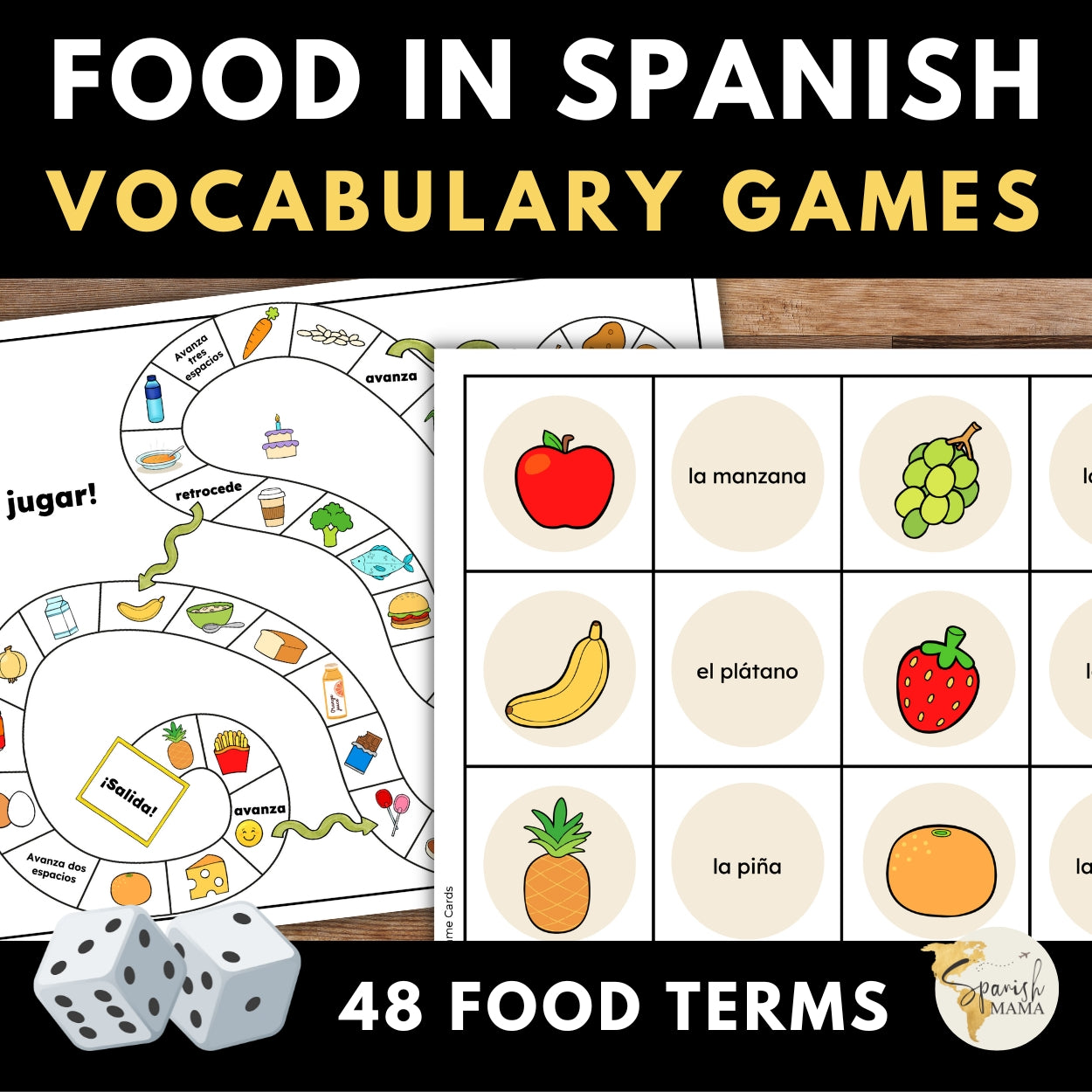 Food in Spanish Vocabulary Game Set - Bingo, Go Fish, Crossword Puzzle, and More