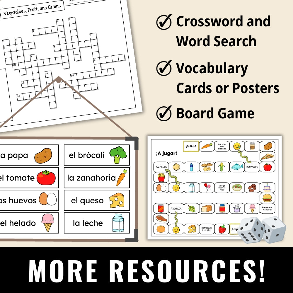 Food in Spanish Vocabulary Game Set - Bingo, Go Fish, Crossword Puzzle, and More