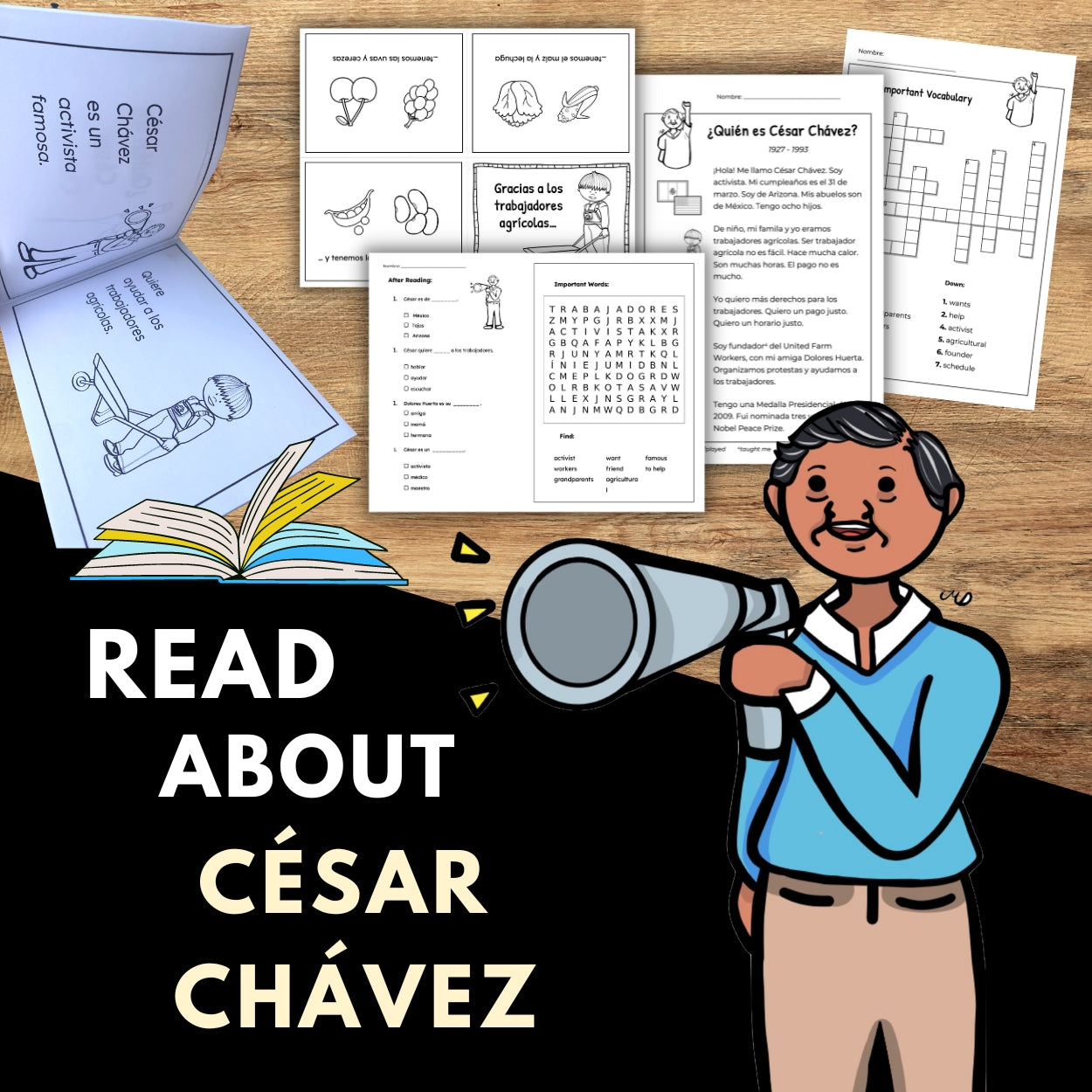 César Chávez Mini-Book, Reading Texts, & Activities in Spanish and English