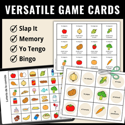 Food in Spanish Vocabulary Game Set - Bingo, Go Fish, Crossword Puzzle, and More