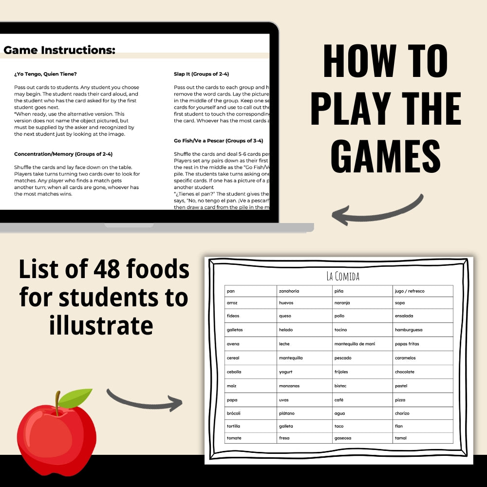 Food in Spanish Vocabulary Game Set - Bingo, Go Fish, Crossword Puzzle, and More