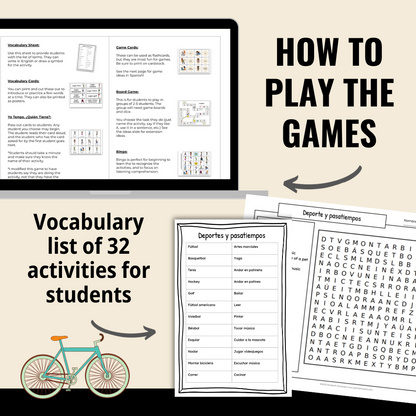 Hobbies and Sports Spanish Vocabulary Games - Bingo, Go Fish, Crossword Puzzle